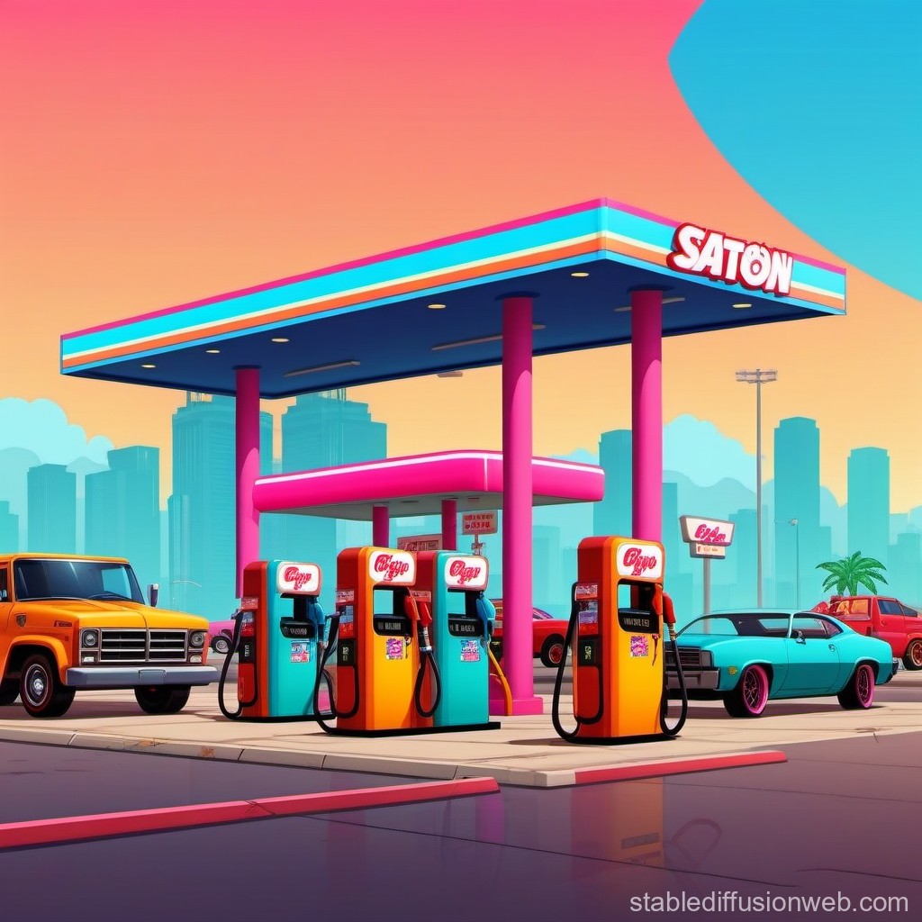 Vibrant Retro Gas Station with Classic Cars at Sunset