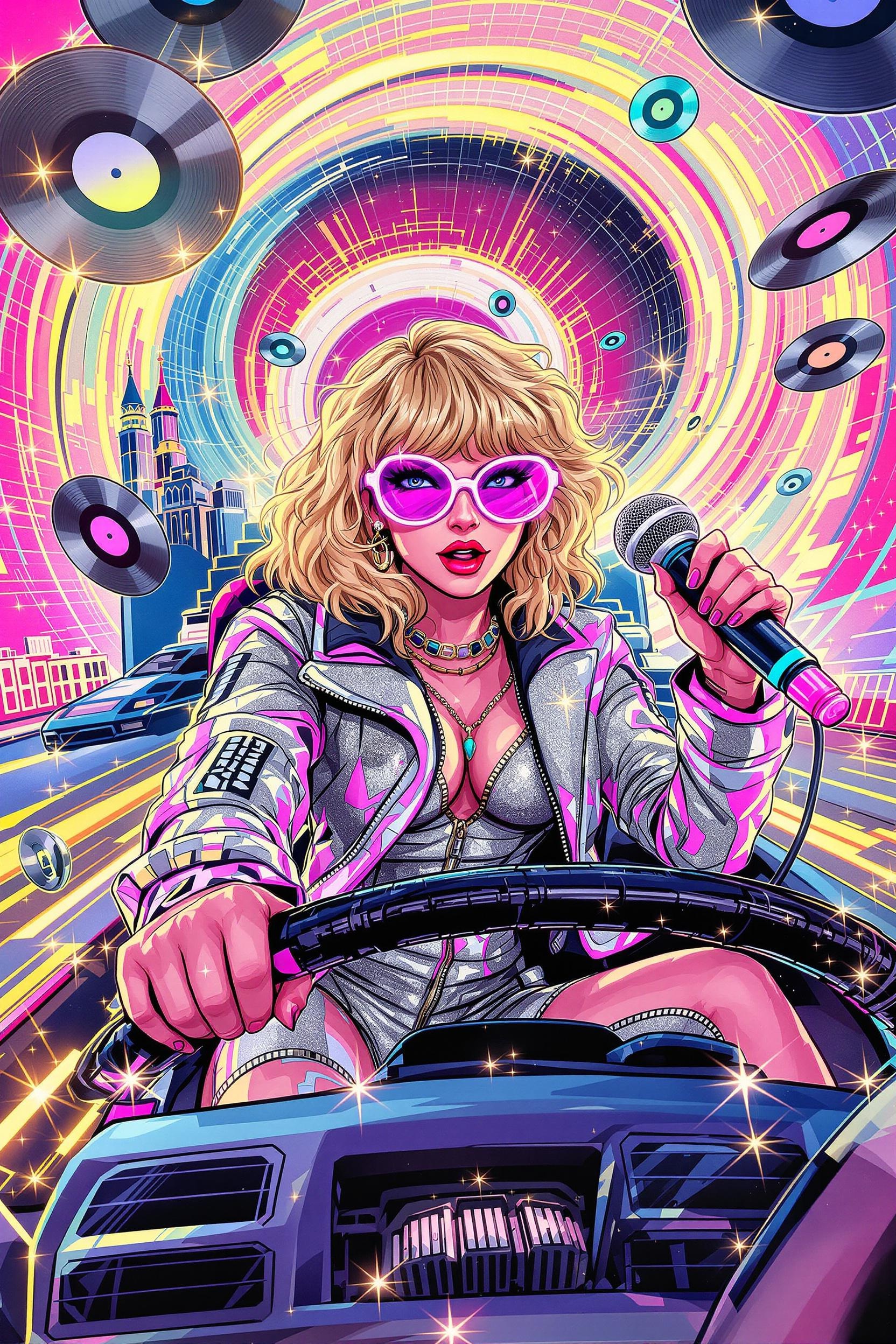 Vibrant Retro Pop Star Driving with Microphone