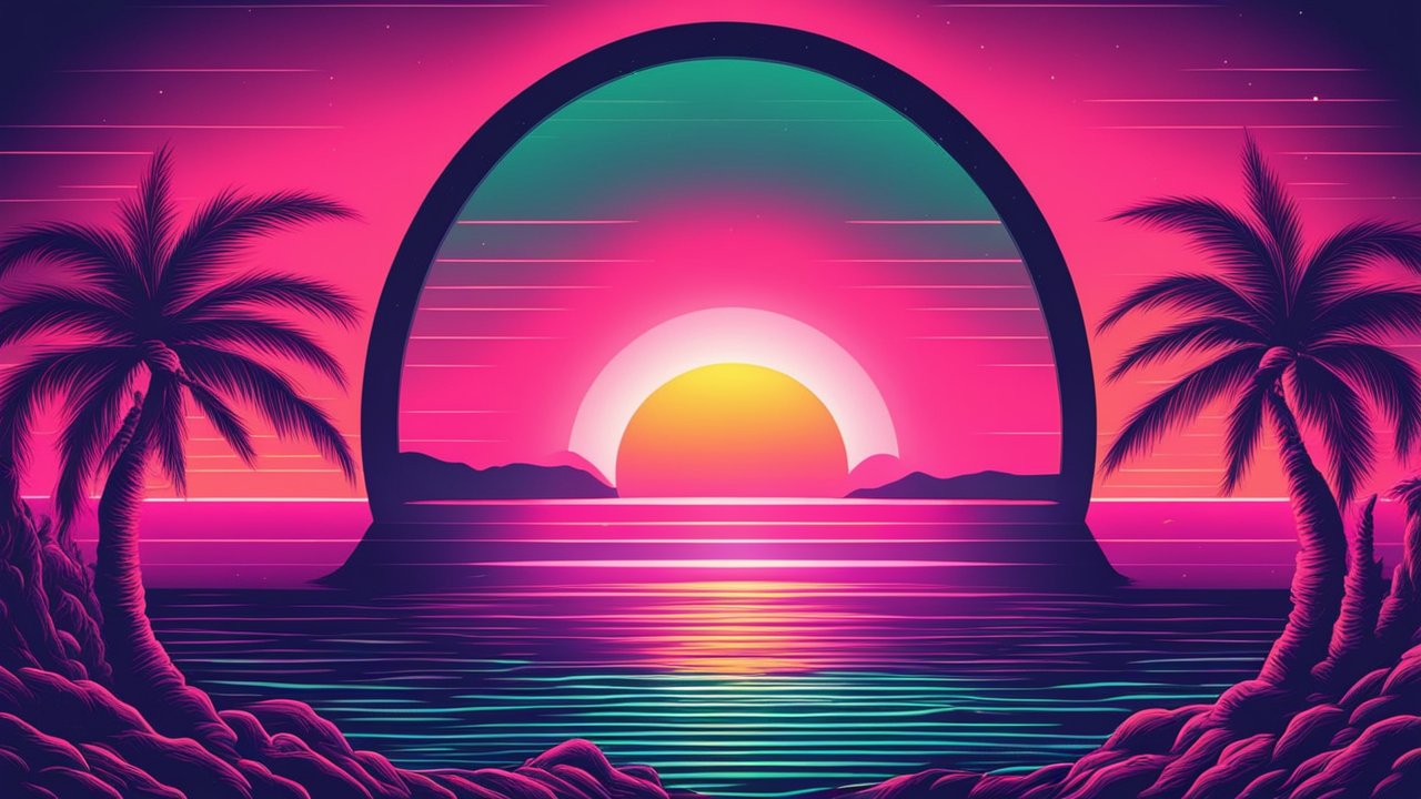 Vibrant Retro Sunset Over Ocean with Palm Trees