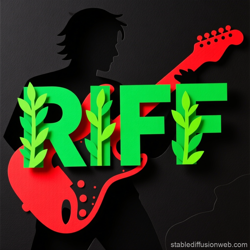 Vibrant Riff Guitar Silhouette with Green Leafy Text