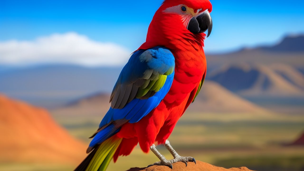 Vibrant Scarlet Macaw Perched in Natural Landscape