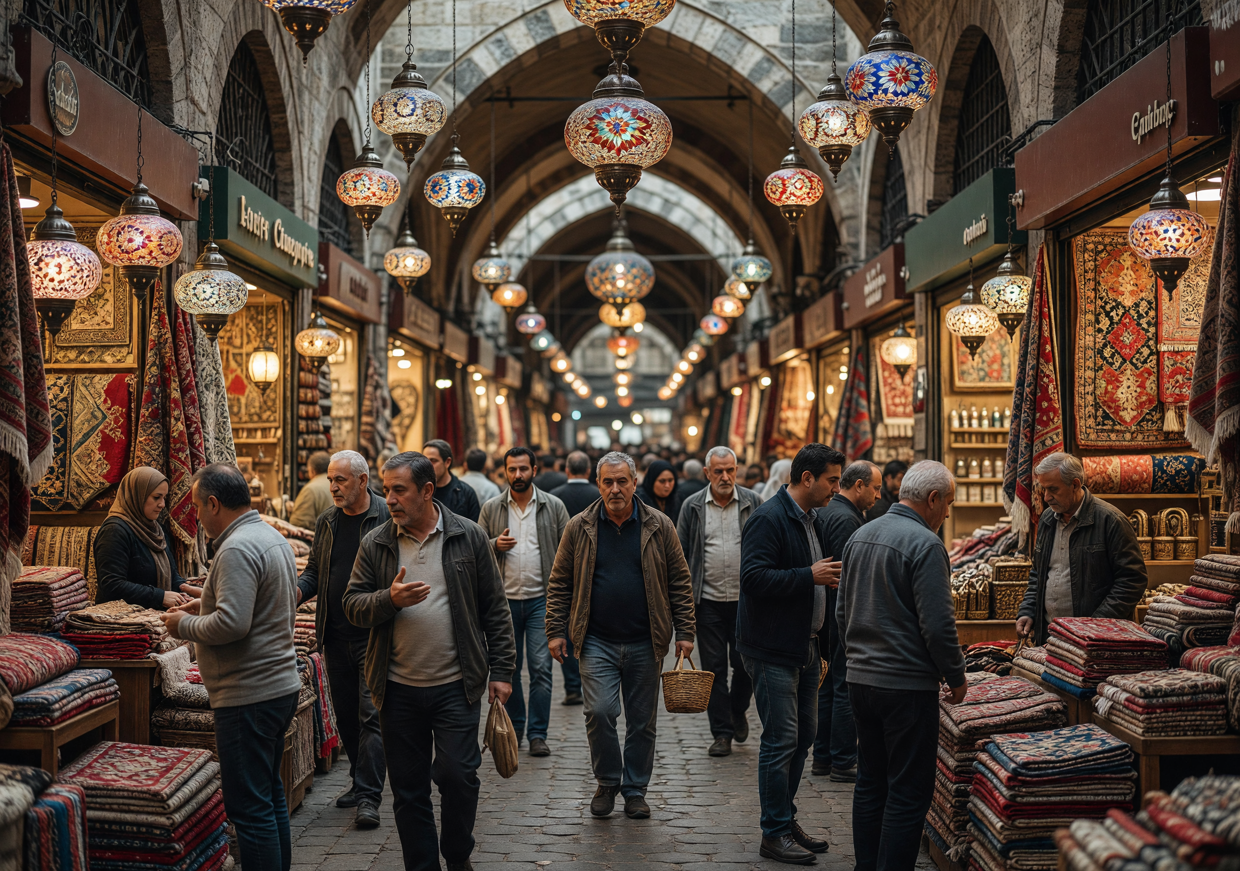 Vibrant Scene at Istanbul's Grand Bazaar with Traditional Carpets