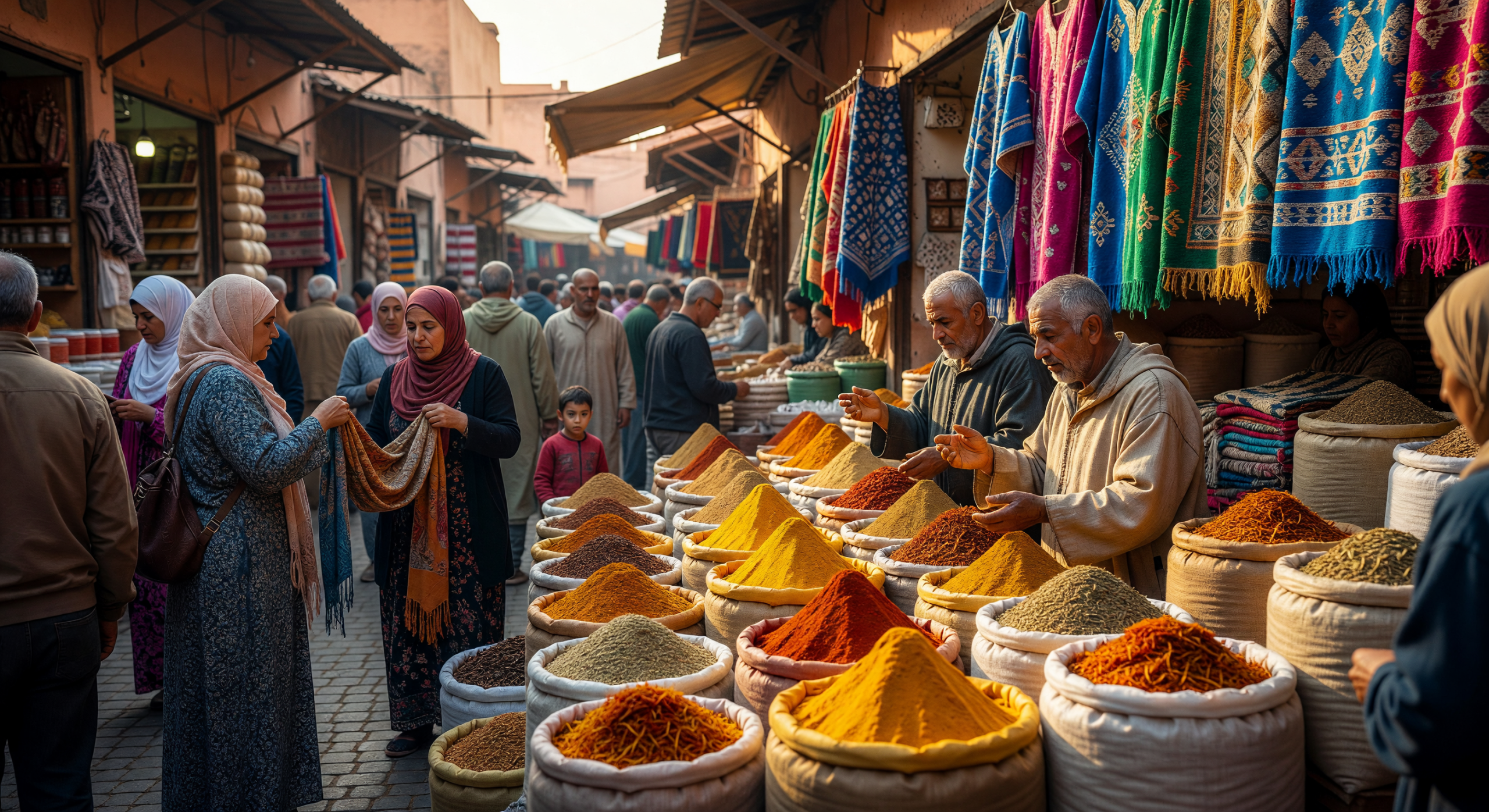 Vibrant Spice Market in Morocco with Colorful Textiles