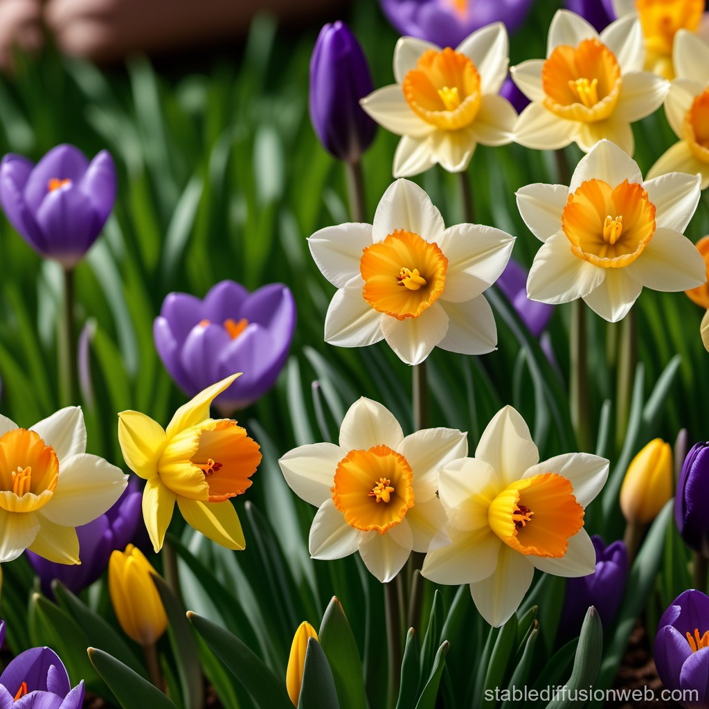 Vibrant Spring Daffodils and Purple Tulips in Bloom