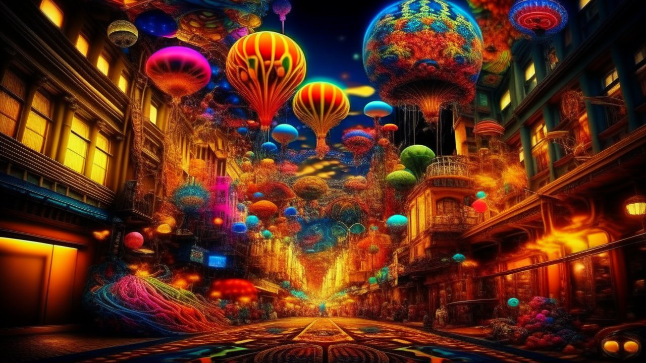 Vibrant Street with Floating Colorful Jellyfish Lanterns