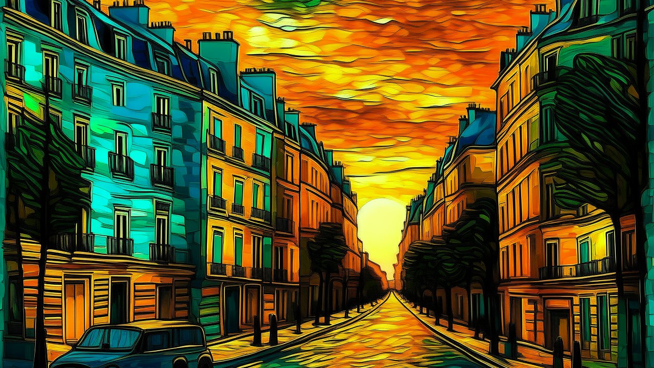 Vibrant Sunset Over a City Street in Artistic Style