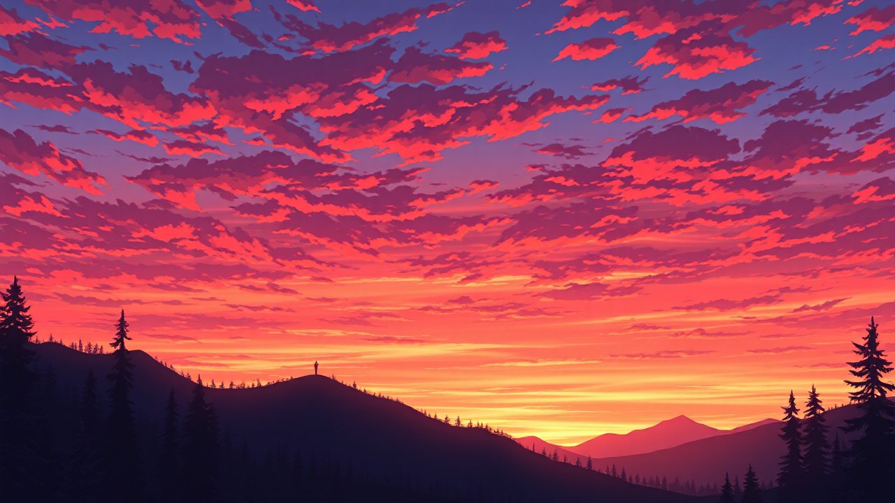 Vibrant Sunset Over Mountain Silhouettes