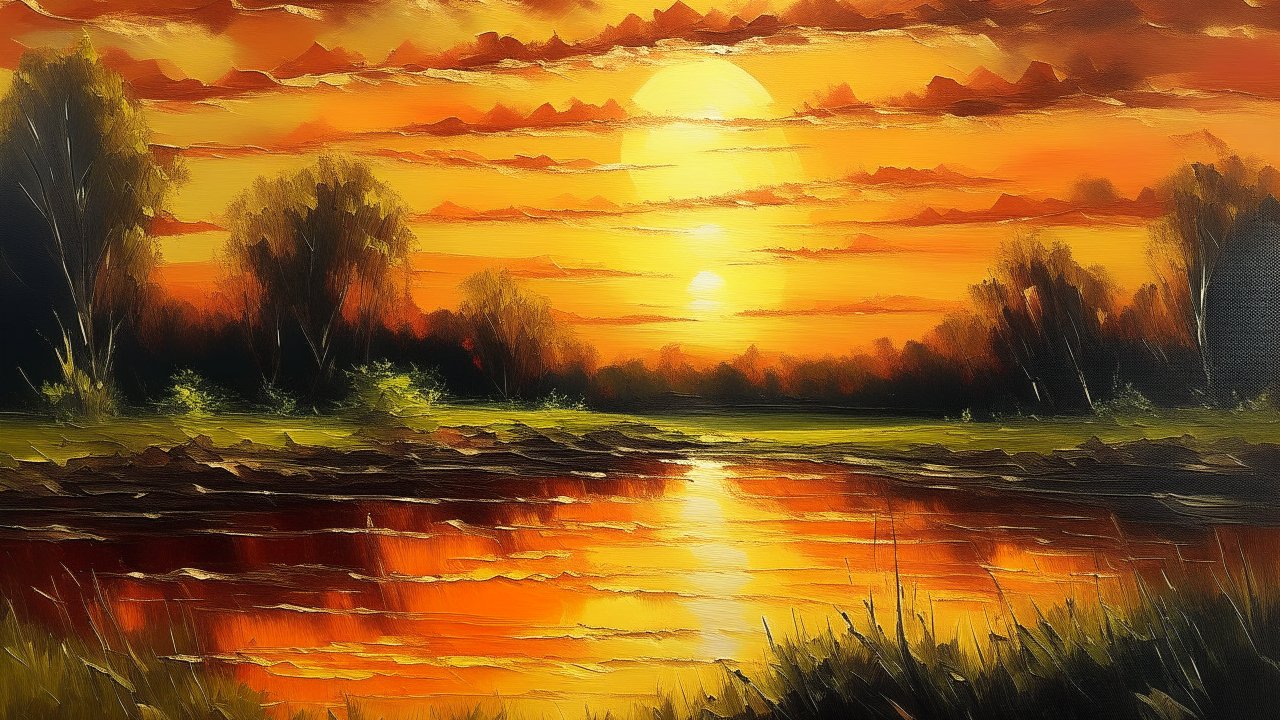 Vibrant Sunset Over Serene River Landscape