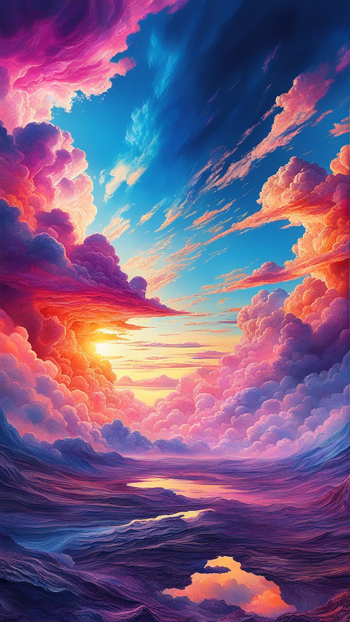 Vibrant Sunset with Colorful Clouds and Reflective Landscape