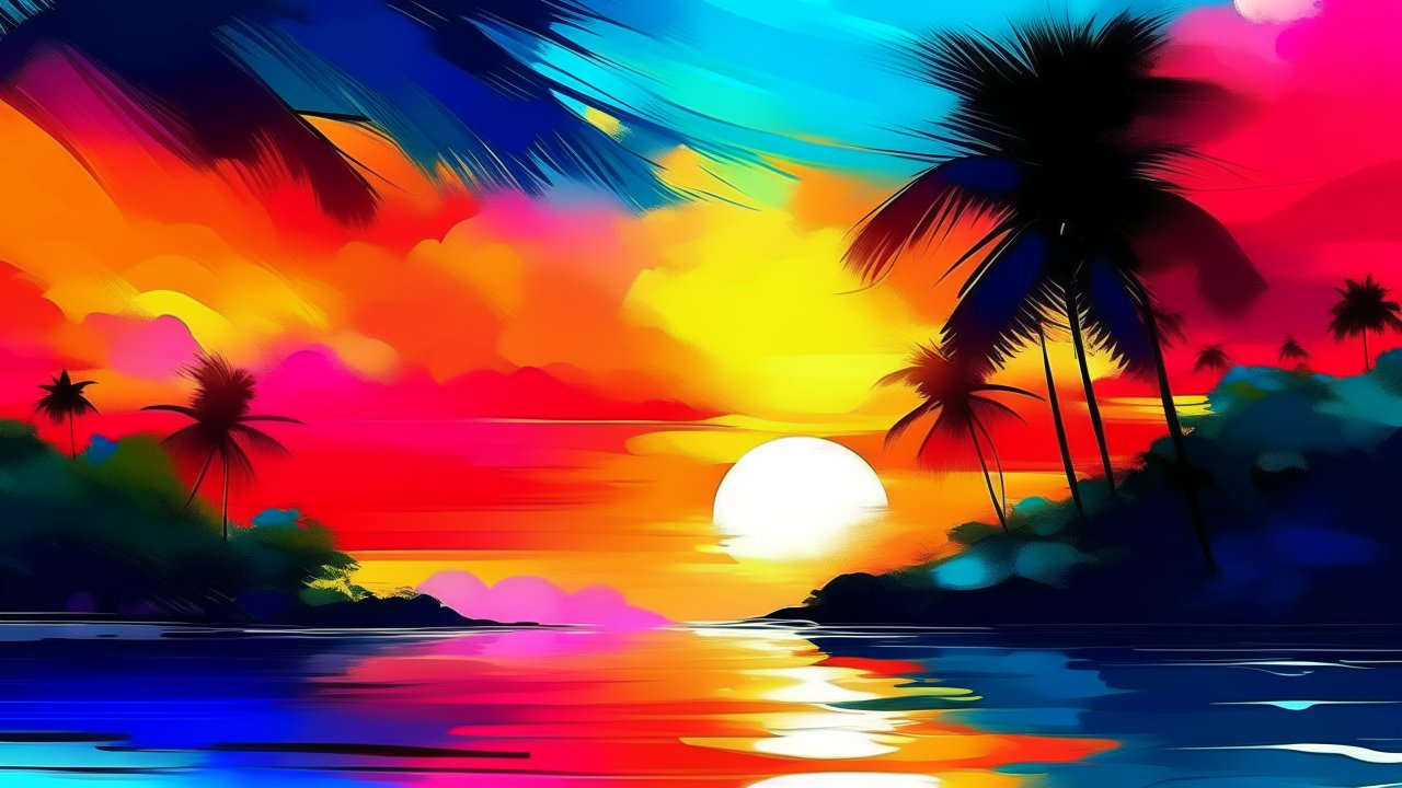 Vibrant Tropical Sunset with Palm Silhouettes