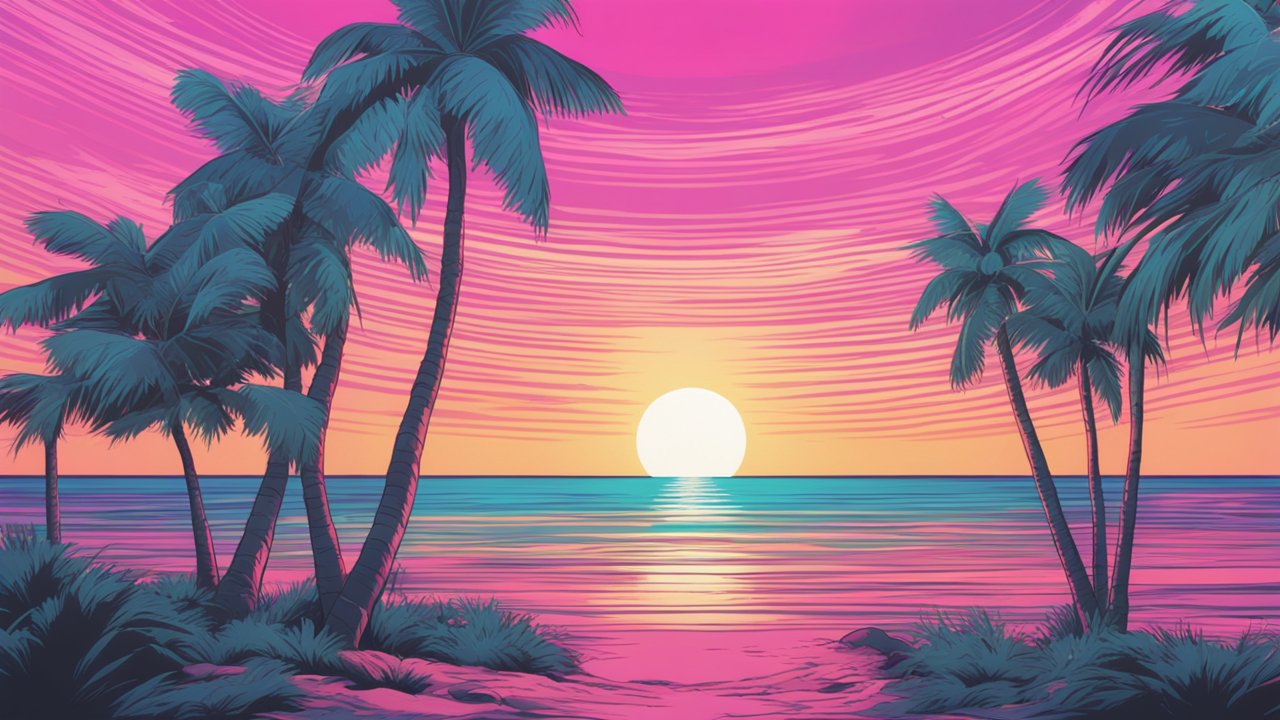 Vibrant Tropical Sunset with Palm Trees