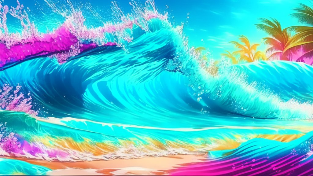 Vibrant Tropical Wave with Palm Trees in Bright Colors