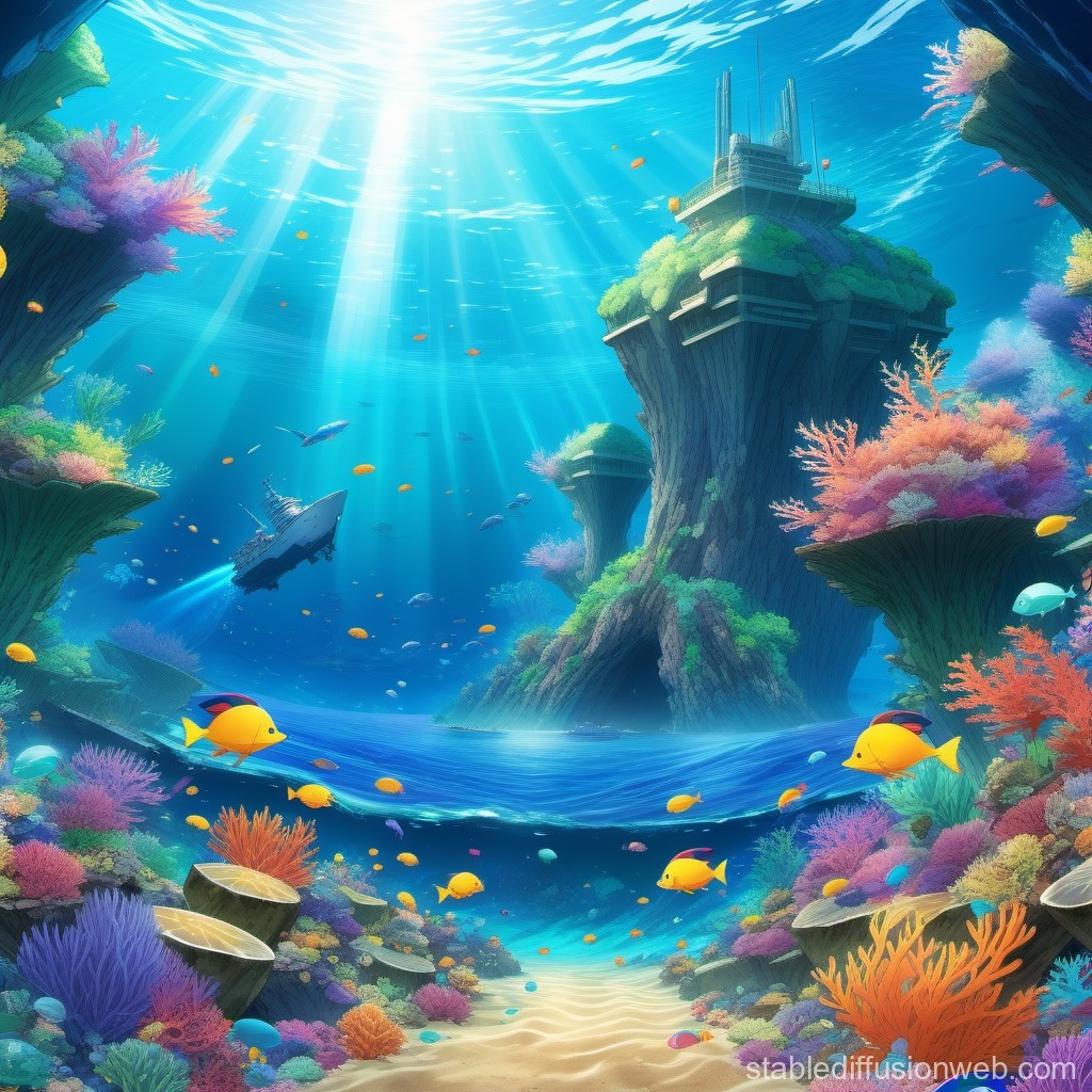 Vibrant Underwater Fantasy Landscape with Coral and Submarine