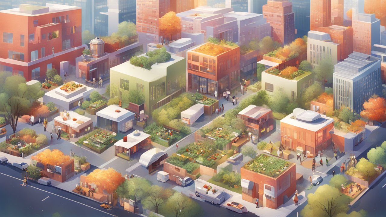 Vibrant Urban Community with Rooftop Gardens in Digital Art