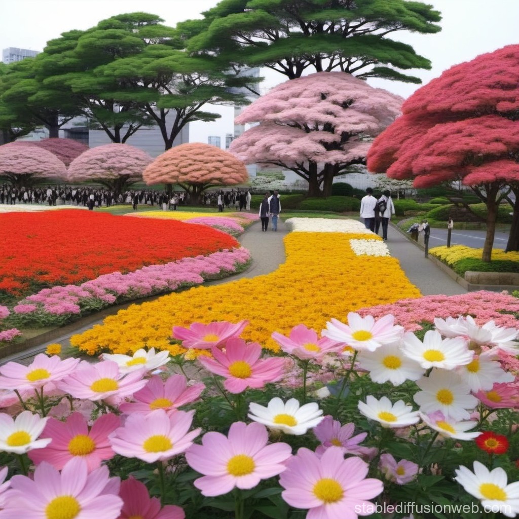 Vibrant Urban Flower Garden with Colorful Trees and Walkways