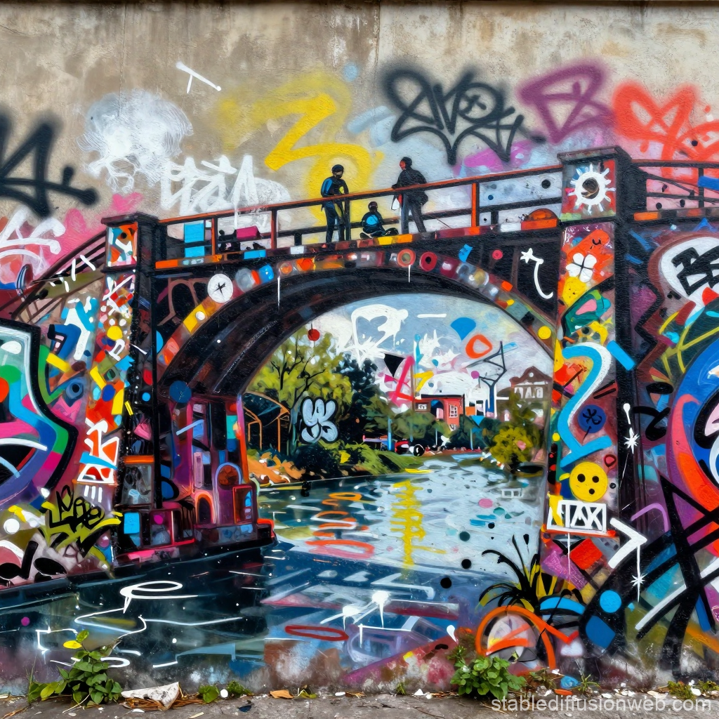 Vibrant Urban Graffiti on Bridge Over Waterway