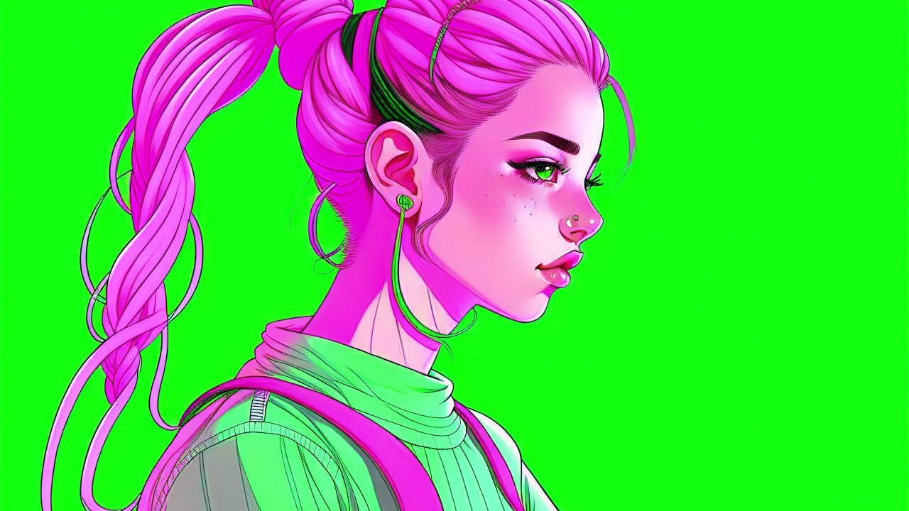 Vibrant Vaporwave Girl with Pink High Pigtails