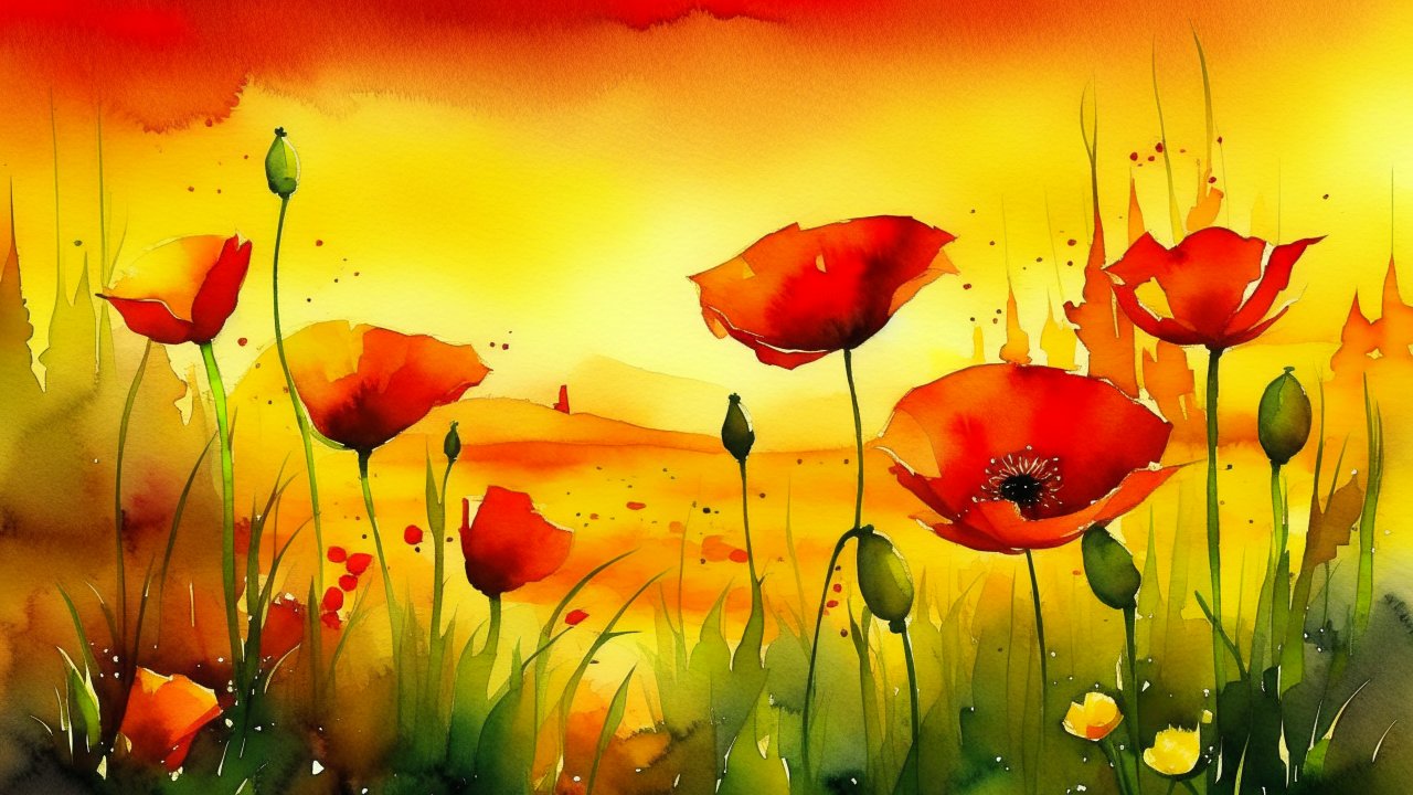 Vibrant Watercolor Poppy Field at Sunset