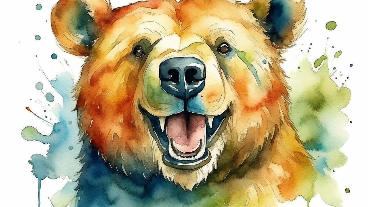 Vibrant Watercolor Portrait of a Happy Bear