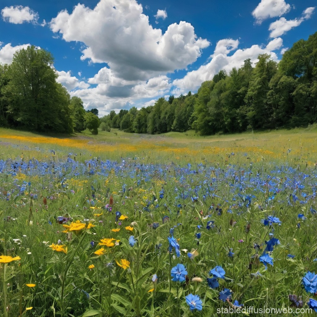 Vibrant Wildflower Meadow Under Blue Sky