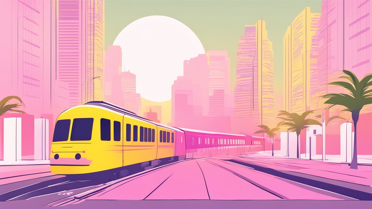 Vibrant Yellow Train in a Pink Cityscape at Sunset