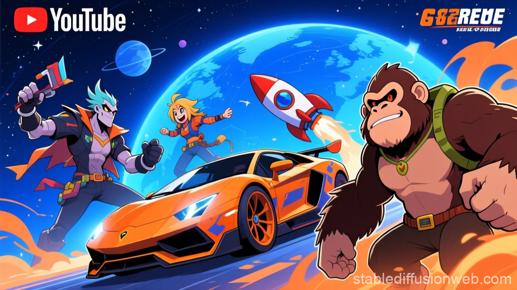 Vibrant YouTube Banner with Cartoon Characters and Space Theme