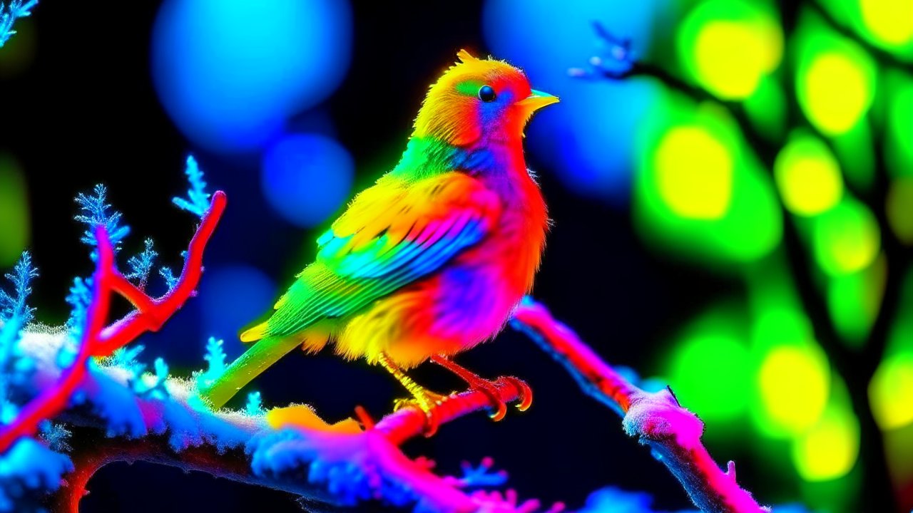 Vibrantly Colored Bird on Snowy Branch with Neon Background