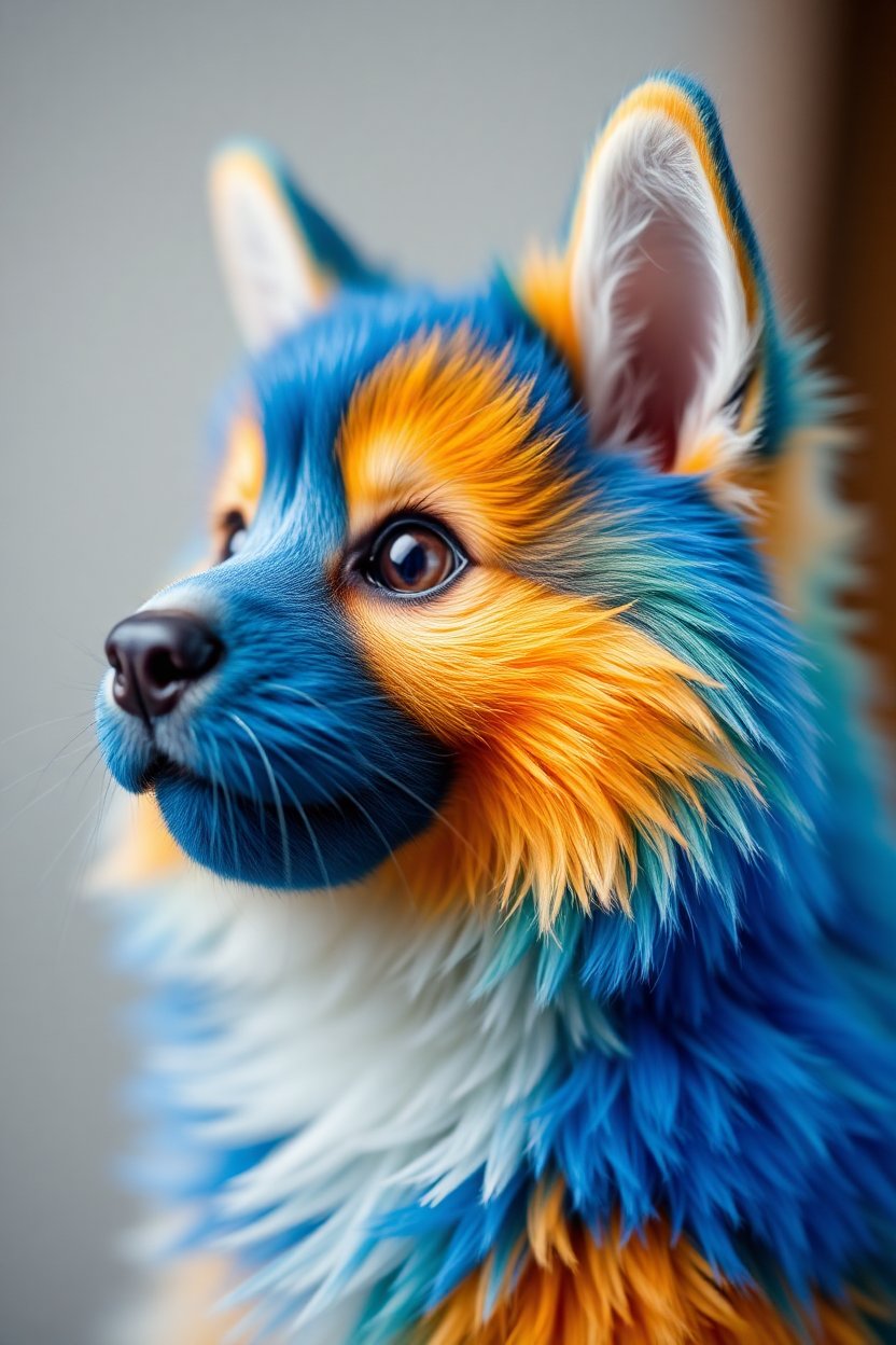 Vibrantly Colored Blue and Orange Dog Portrait
