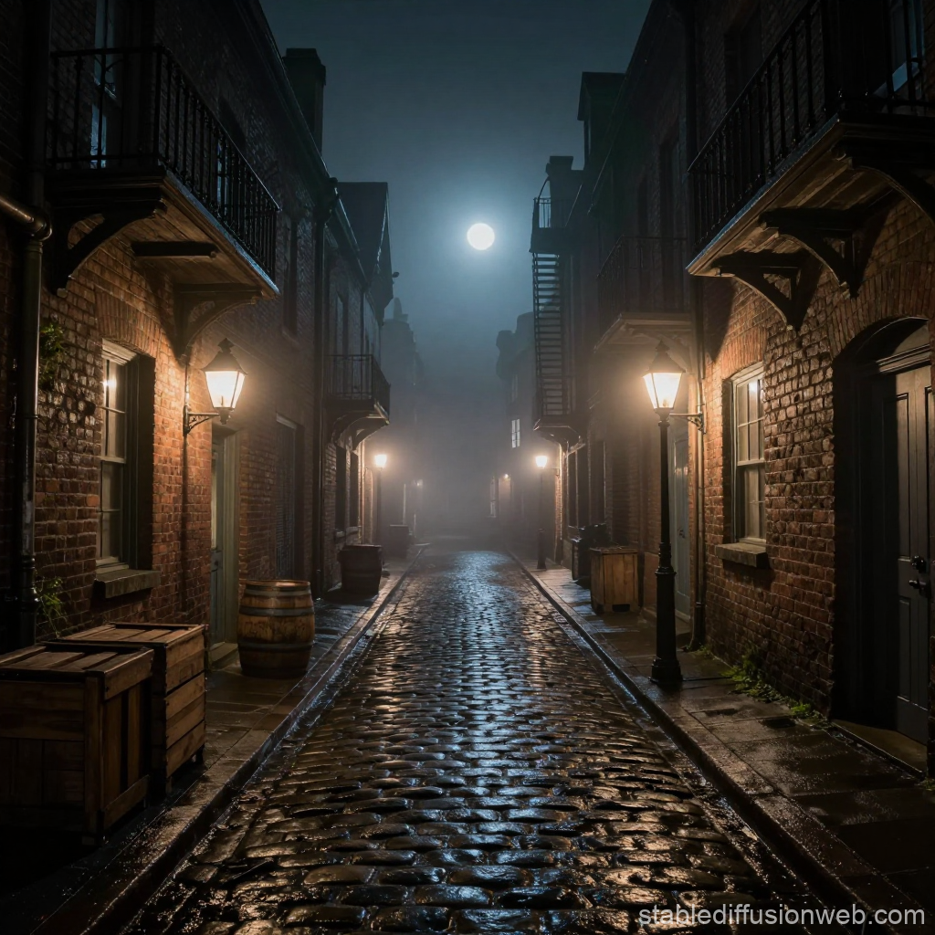 Victorian Cobblestone Street at Night with Moonlight