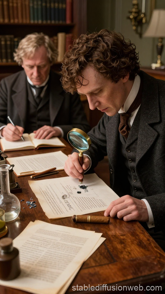 Victorian Detective Examining Document with Magnifying Glass