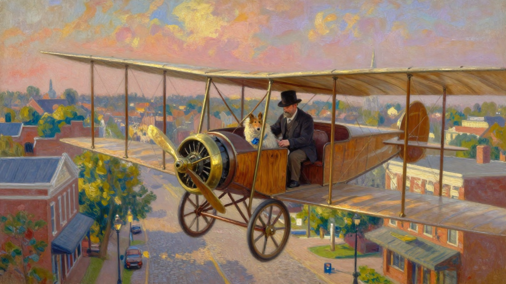 Victorian Era Biplane Flight with Man and Dog