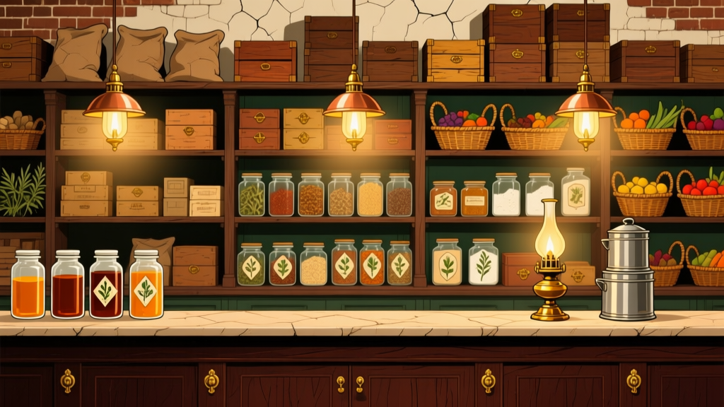 Victorian Era Grocery Store Counter with Jars and Baskets