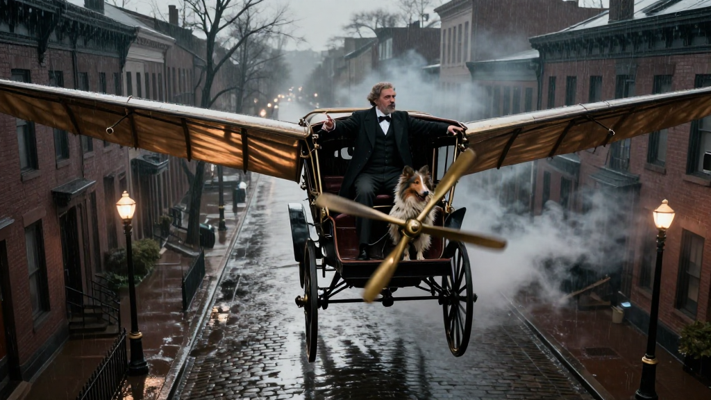 Victorian Flying Carriage with Man and Dog on Rainy Street