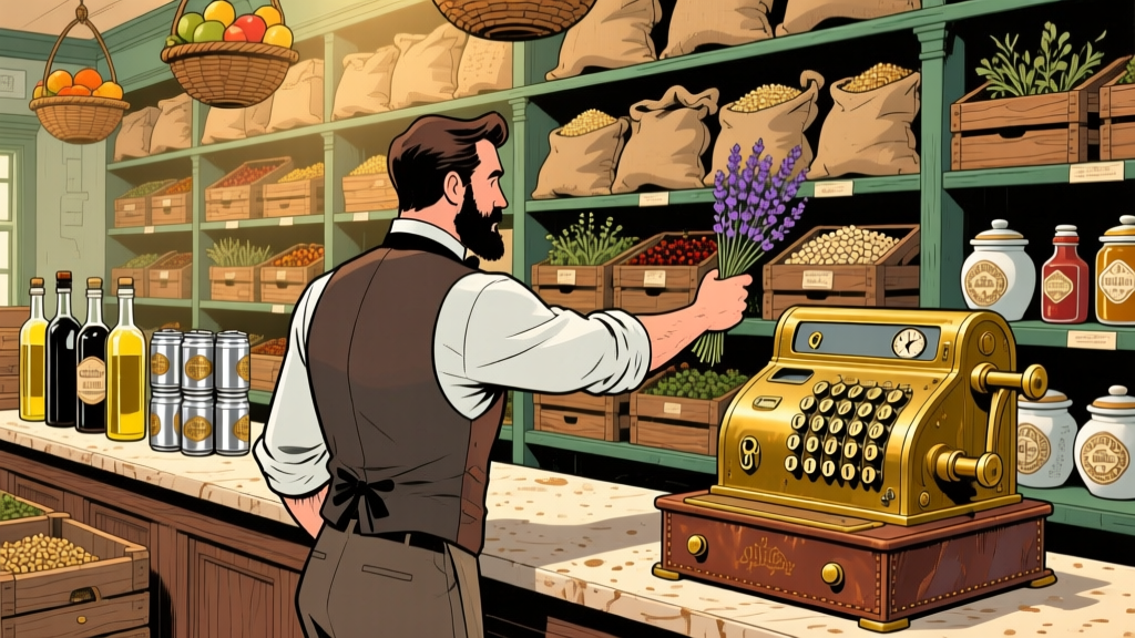 Victorian Grocery Store Clerk Holding Lavender Bouquet
