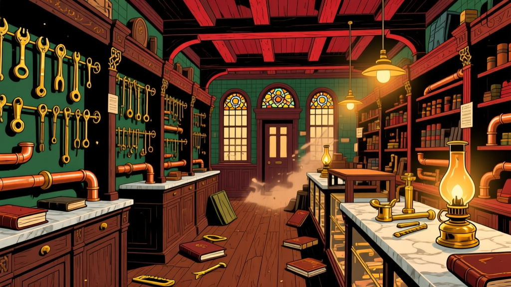 Victorian Hardware Store Interior with Tools and Books
