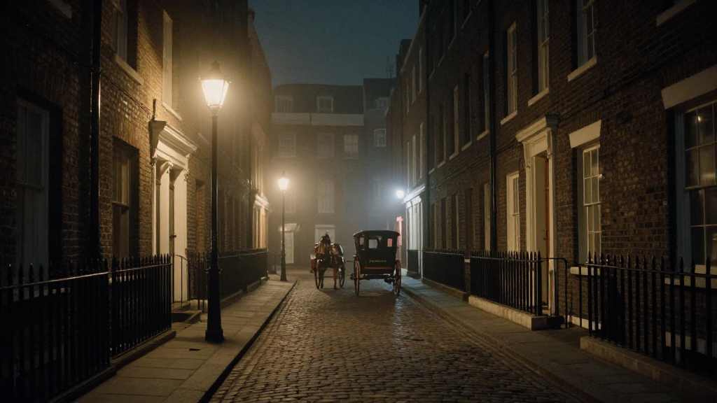 Victorian London Night Street with Horse Carriage