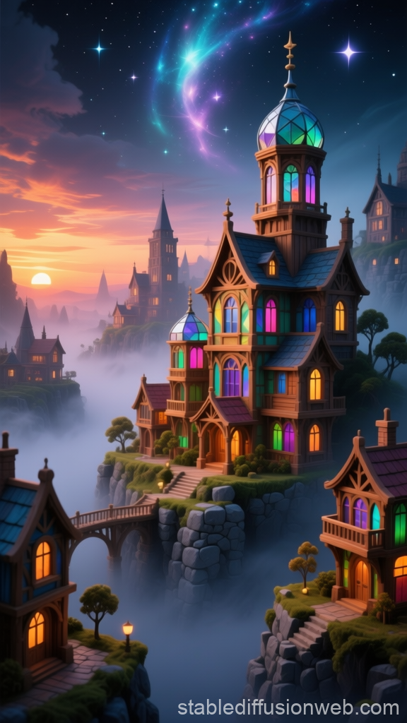 Victorian Miniature City at Twilight with Stained Glass Windows