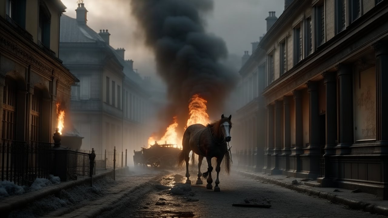 Victorian Street with Burning Carriage and Horse
