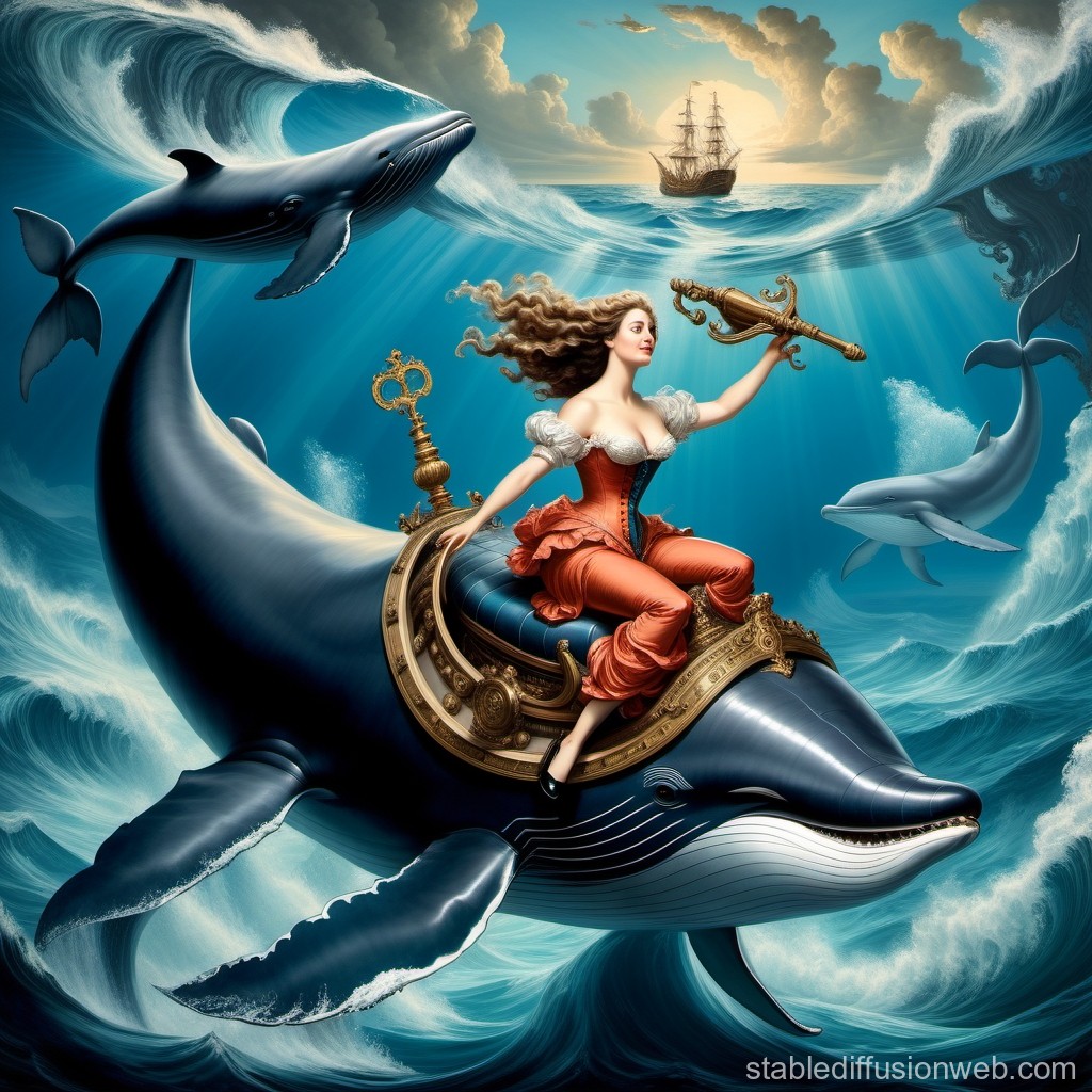 Victorian Woman Riding a Whale in a Surreal Ocean Scene