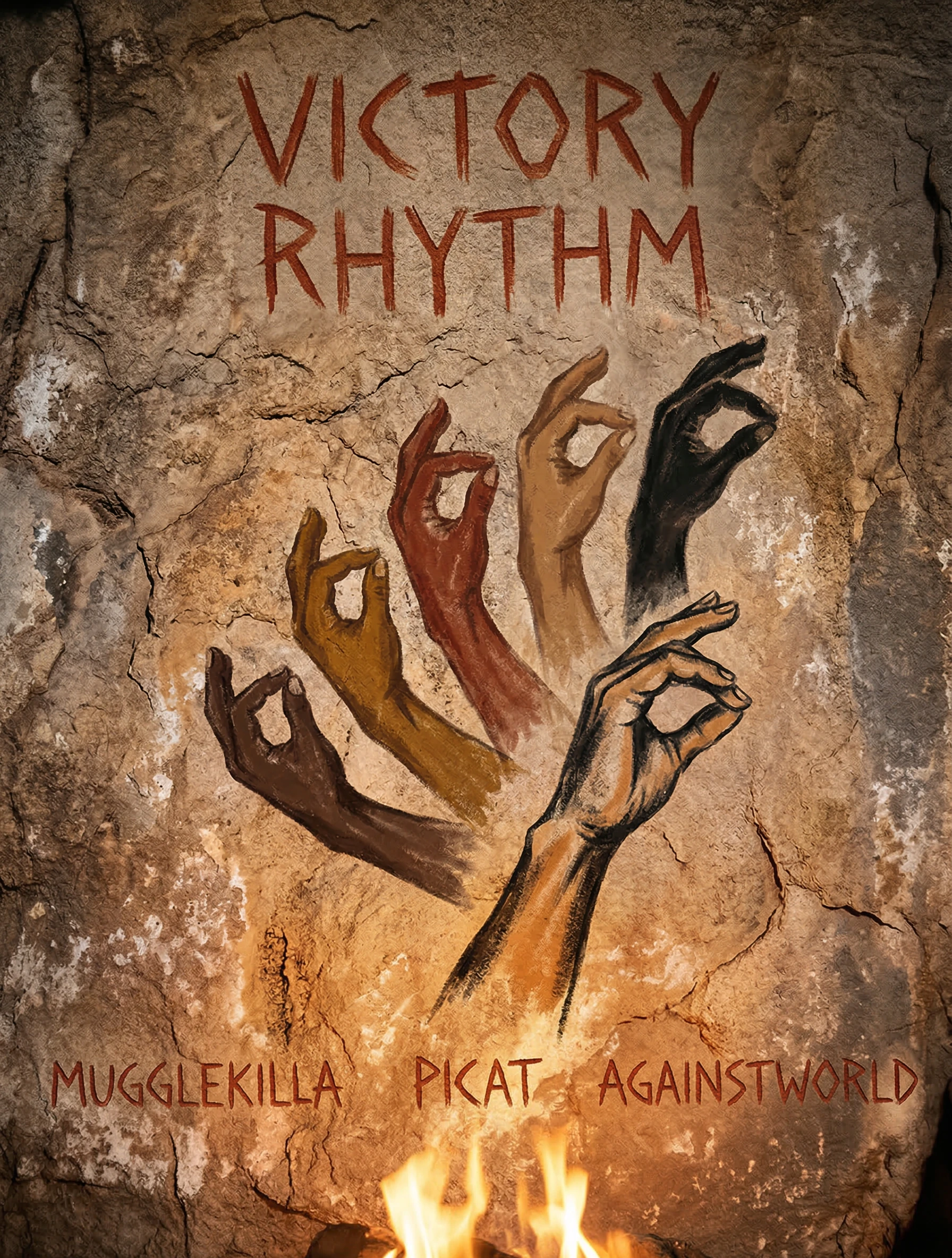 Victory Rhythm African Cave Mural with Diverse Hands