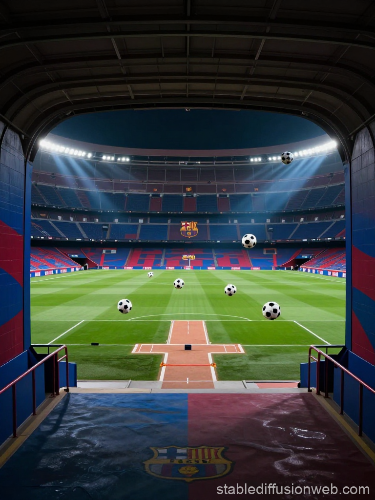View from Barcelona Stadium Tunnel to Pitch with Floating Soccer Balls
