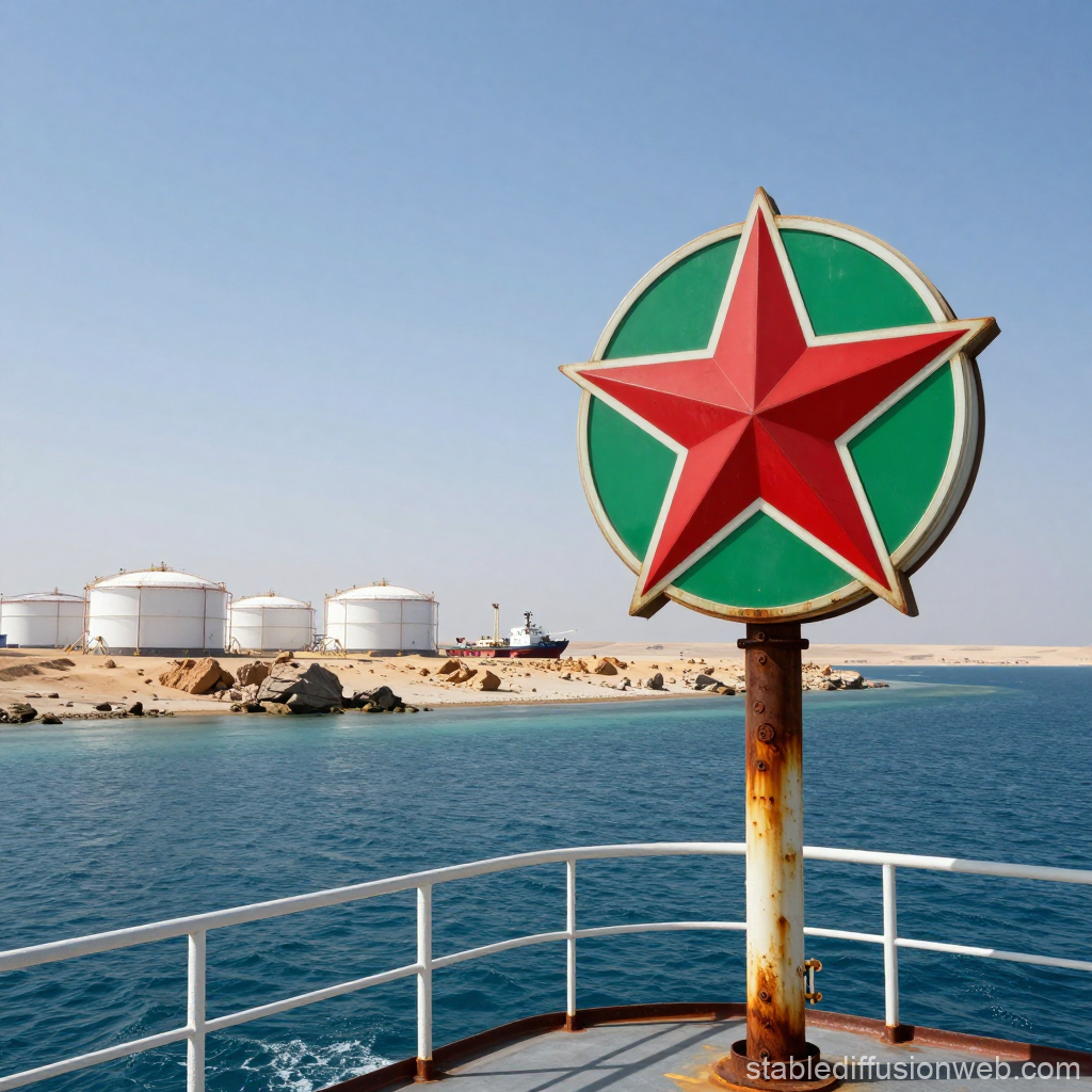 View from Ship Deck with Red Star Marker and Coastal Storage Tanks