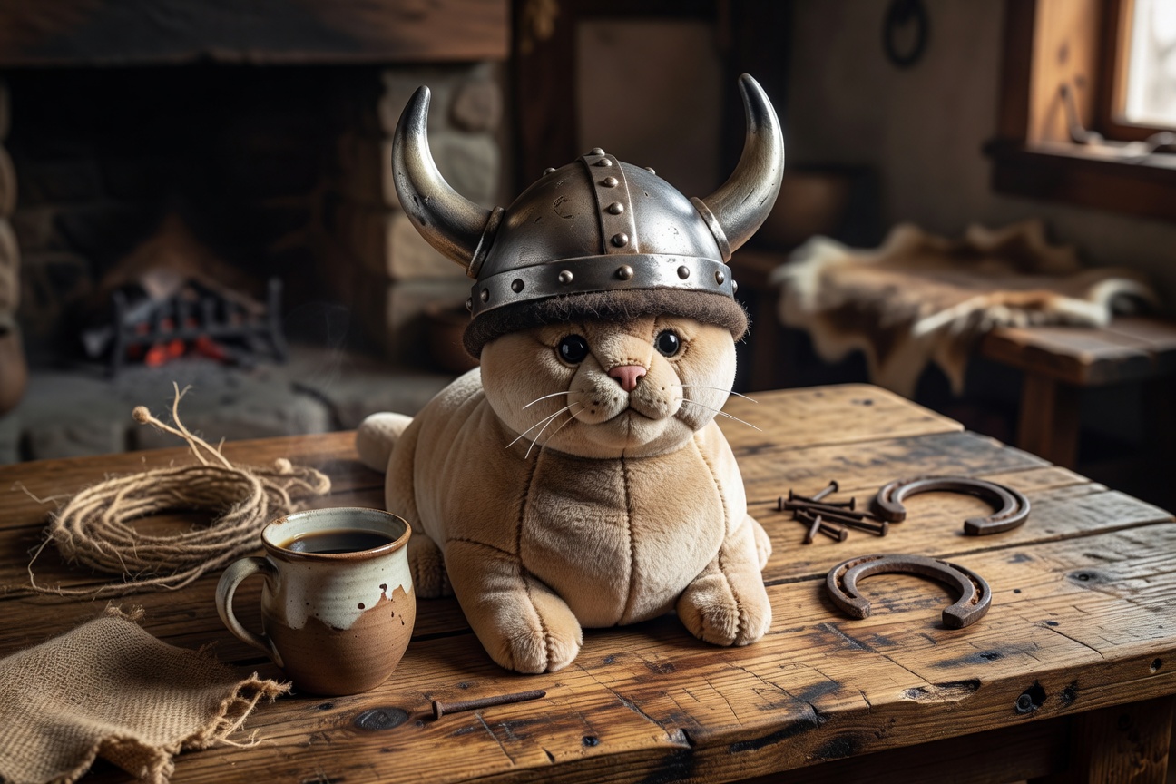 Viking Helmeted Plush Cat on Table