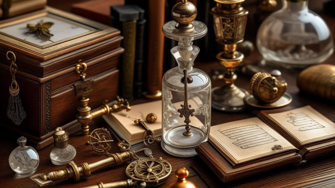 Vintage Alchemy and Exploration Tools on Wooden Desk