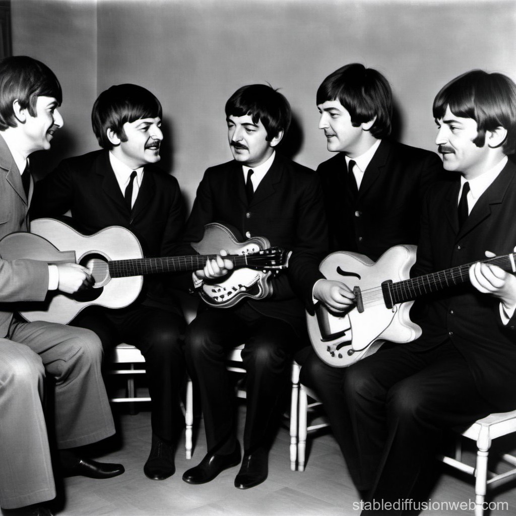 Vintage Black and White Photo of Five Men Playing Guitars