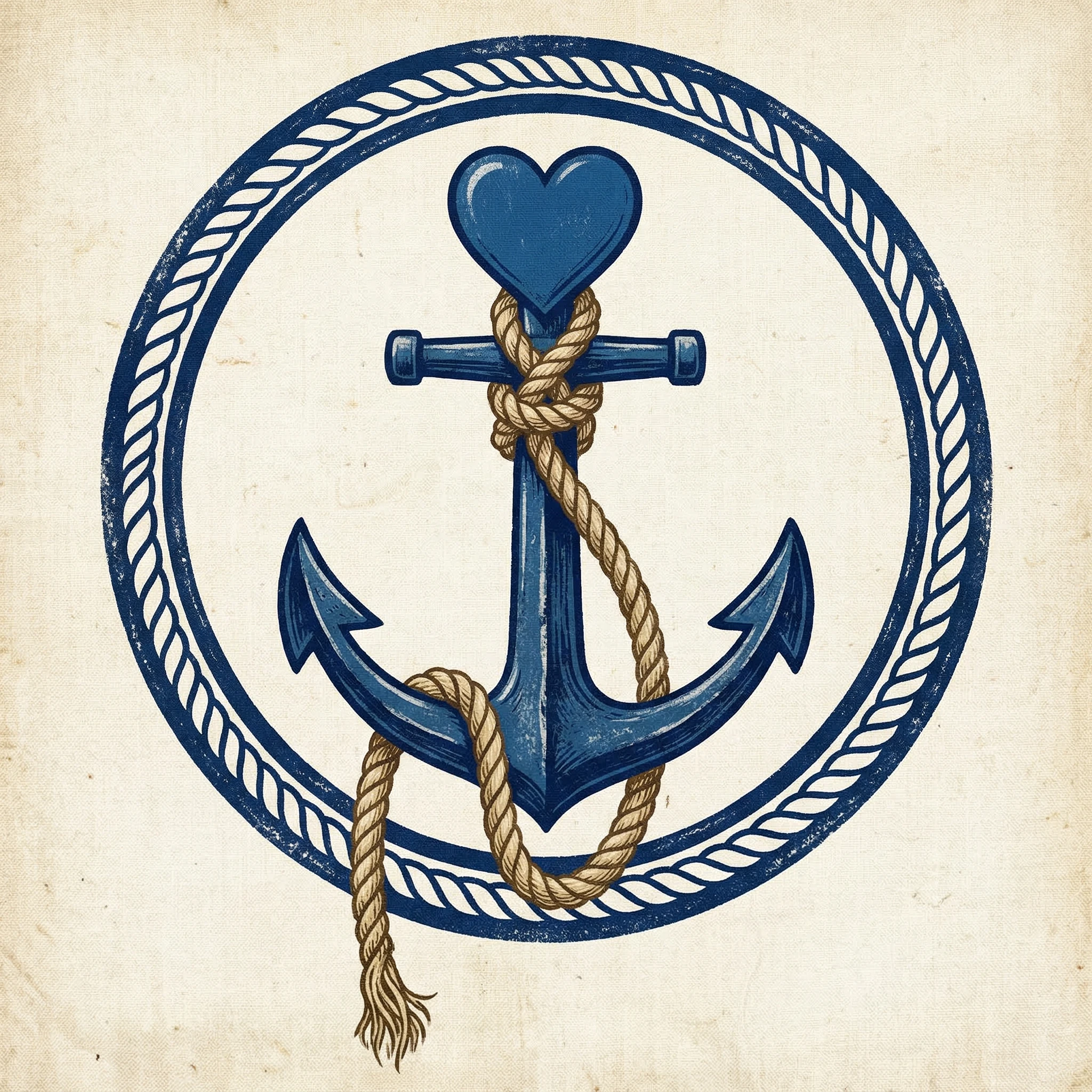 Vintage Blue Anchor with Heart and Rope Emblem