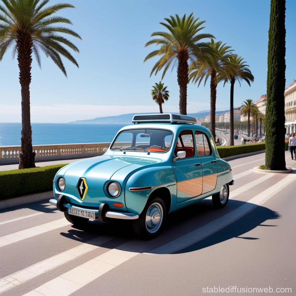 Vintage Blue Car on Coastal Palm-Lined Road