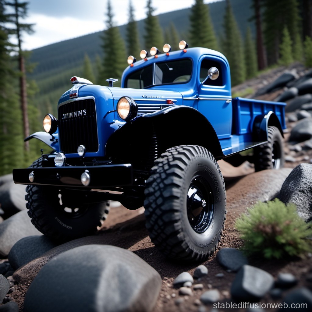 Vintage Blue Off-Road Truck in Mountain Terrain