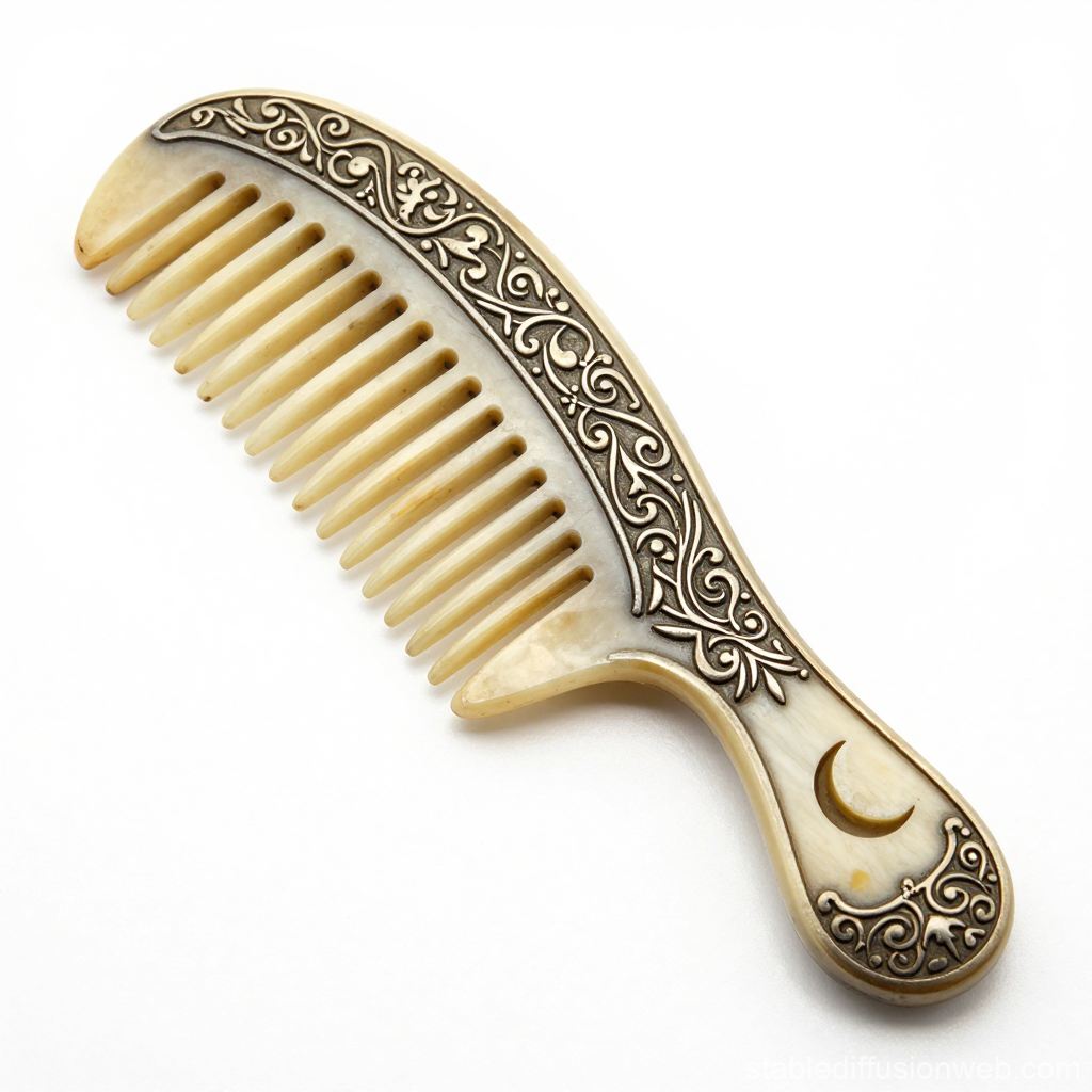 Vintage Bone Comb with Ornate Silver Inlay and Crescent Moon