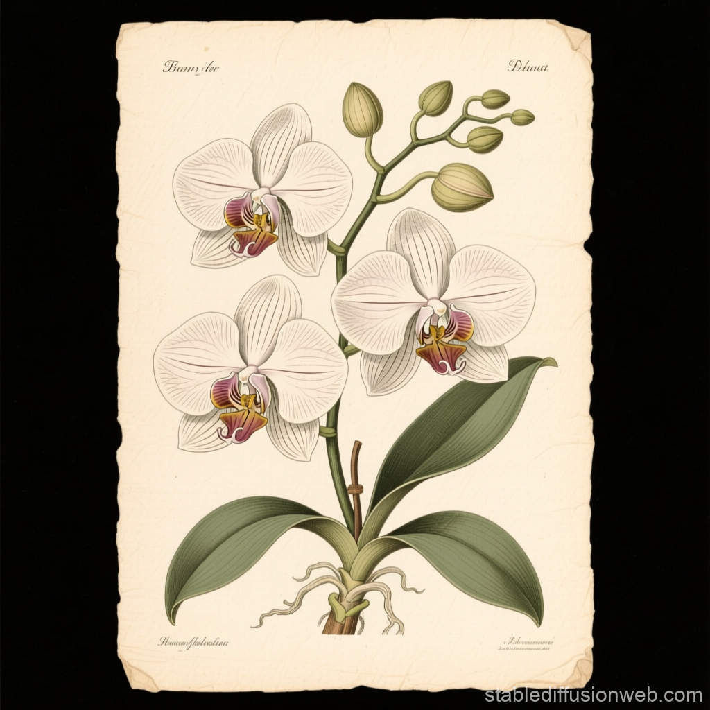 Vintage Botanical Illustration of White Orchids